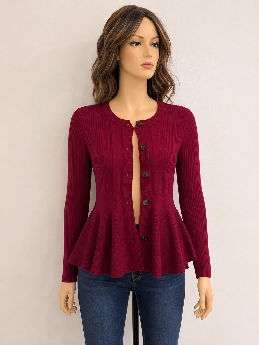 Women’s SHEIN Curves Burgundy Ribbed Peplum Cardigan Sweater Size XL